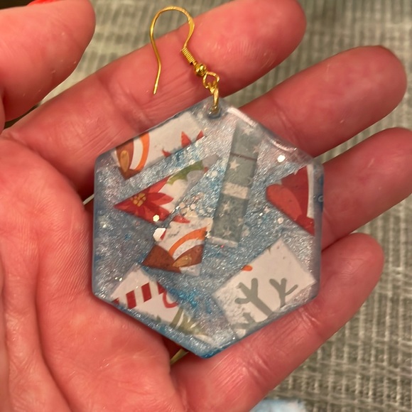 XMAS Handmade Festive Large Holiday Earrings Blue Hexagon - Picture 5 of 10